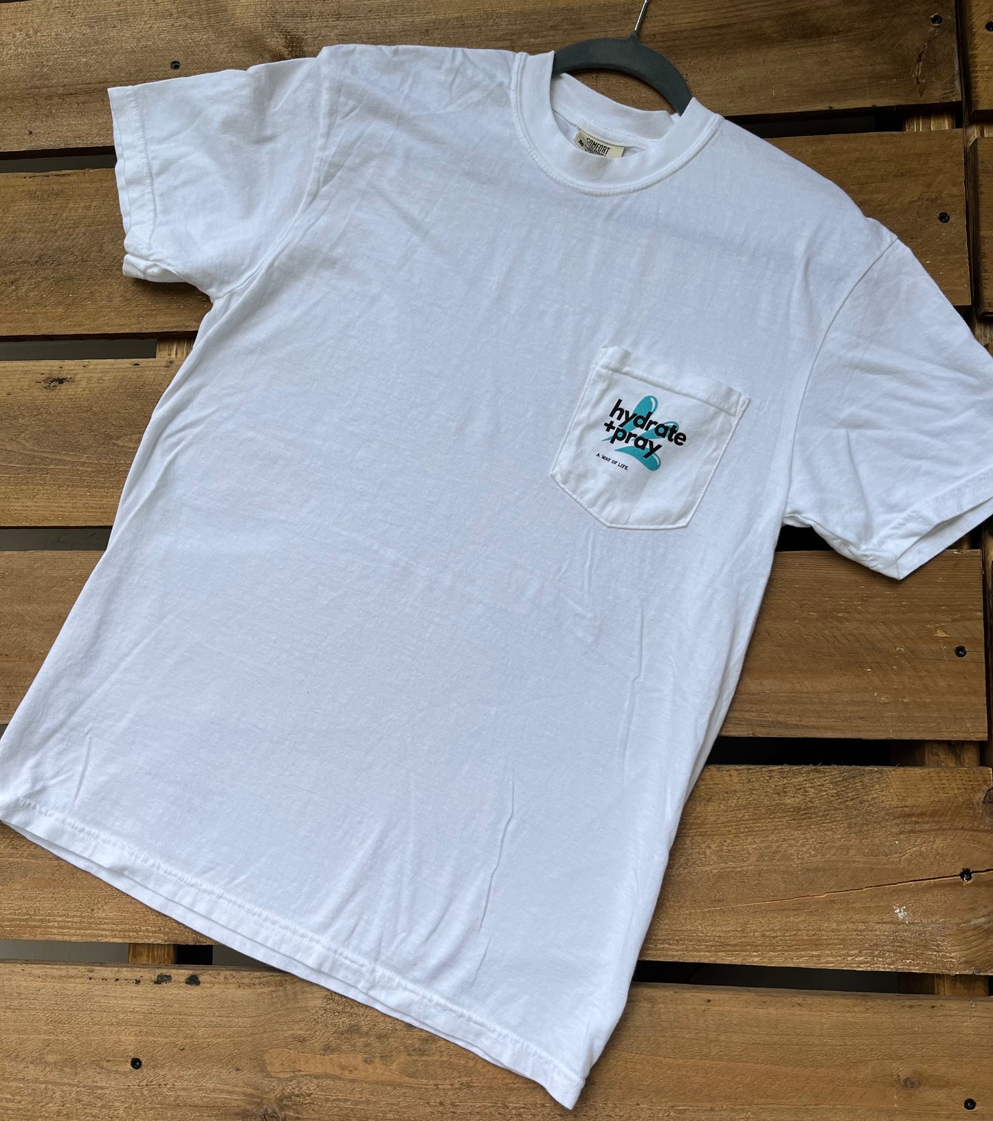 White T-shirt front pocket Hydrate + Pray