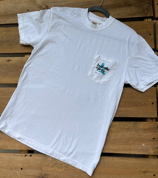 Large, White T-shirt   front pocket Hydrate + Pray